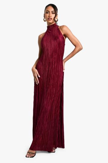 Racer Neck Plisse Midaxi Dress burgundy