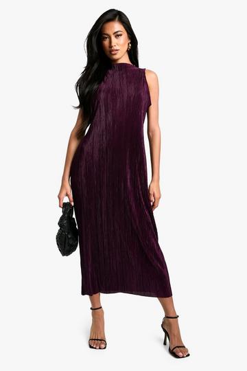 Plum Purple High Neck Plisse Midi Dress