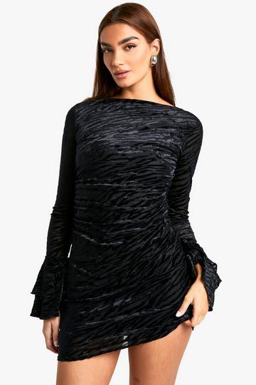 Devore Flare Sleeve Open Back Mini Dress black