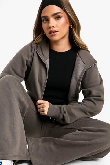 Petite Cropped Zip Through Thick Waistband Hoodie Tracksuit charcoal