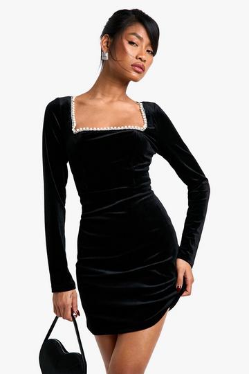 Velvet Pearl Trim Square Neck Structured Mini Dress black