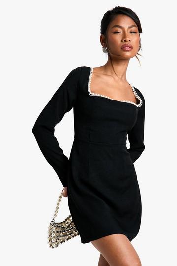 Woven Crepe Pearl Trim Square Neck Structured Mini Dress black