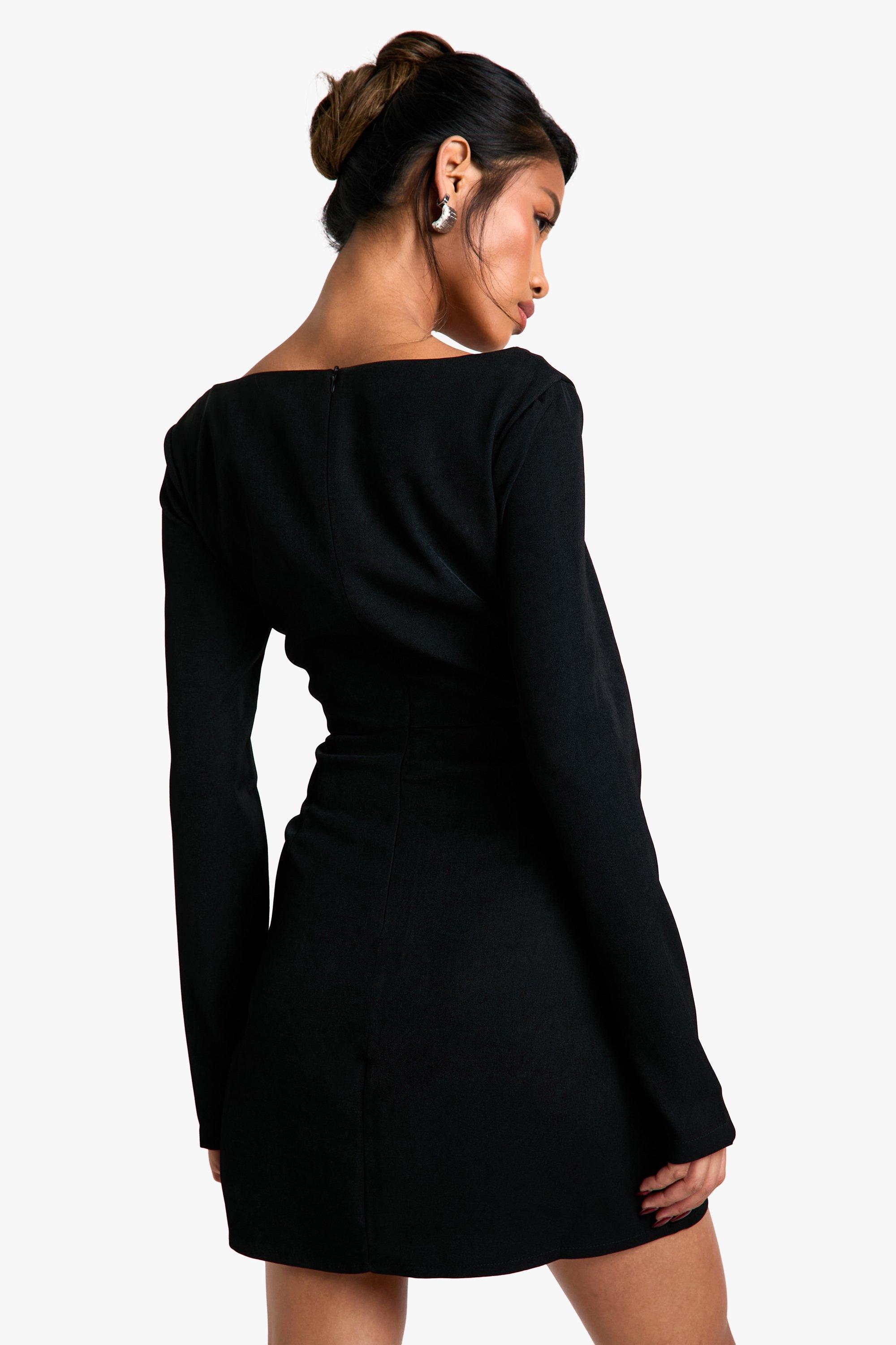 Woven Crepe Pearl Trim Square Neck Structured Mini Dress