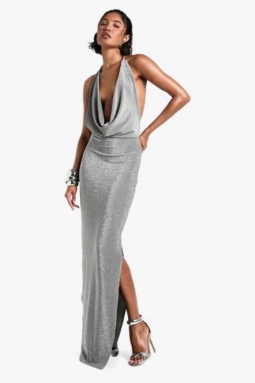 Tall Glitter Maxi Jurk Met Kraag silver