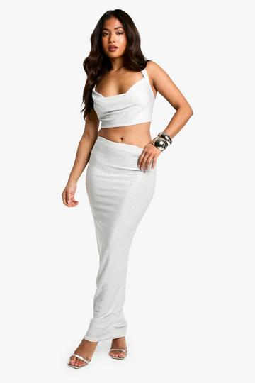 Petite Glitter Cowl Neck and Maxi Skirt Co-ord silver