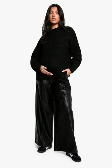 Maternity Elasticated Waist Pu Wide Leg Track Pants black