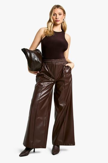 Maternity Elasticated Waist Pu Wide Leg Track Pants chocolate