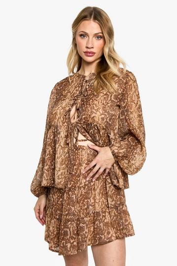 Maternity Elasticated Waist Chiffon Snake Print Tiered Mini Skirt brown