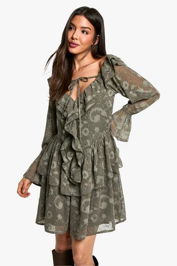 Olive Green Paisley Burnout Ruffle Front Skater Dress