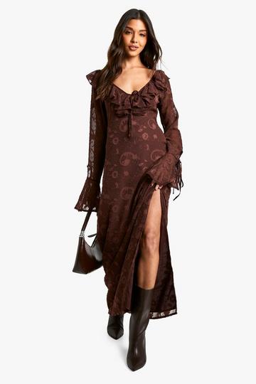 Paisley Textured Flare Sleeve Maxi Dress chocolate