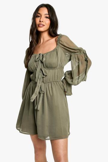 Chiffon Milkmaid Mini Dress dark olive