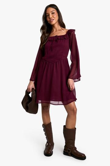 Gekreukelde Chiffon Skater Jurk Met Uitgesneden Hals merlot