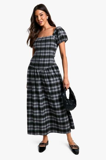 Shirred Check Midaxi Dress black