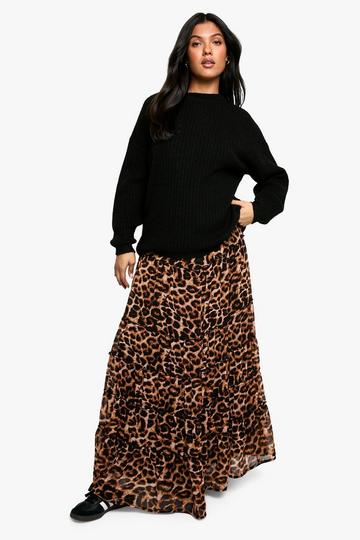 Maternity Elasticated Waist Chiffon Leopard Print Tiered Maxi Skirt leopard