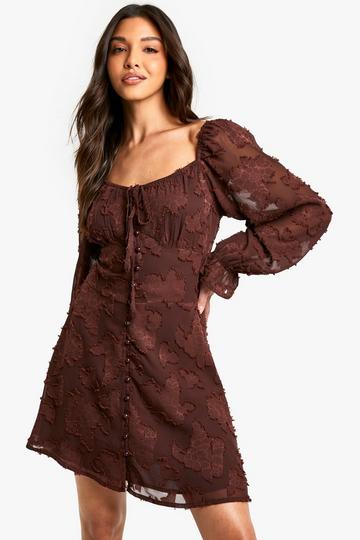 Tie Detail Burnout Long Sleeve Mini Dress chocolate