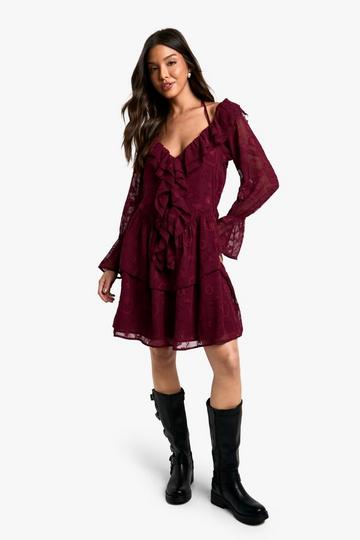 Paisley Burnout Ruffle Front Skater Dress merlot