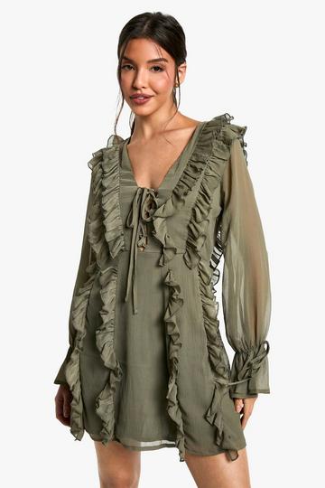 Olive Green Crinkle Chiffon Ruffle Shift Dress