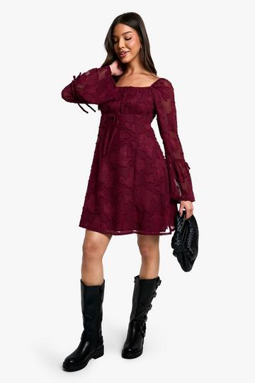 Burnout Floral Flare Sleeve Shift Dress merlot