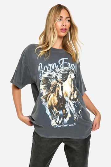 Born Free Horse Graphic Oversized T-Shirt charcoal