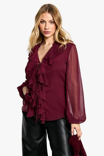 Maternity Tie Front Longline Frill Detail Blouse plum