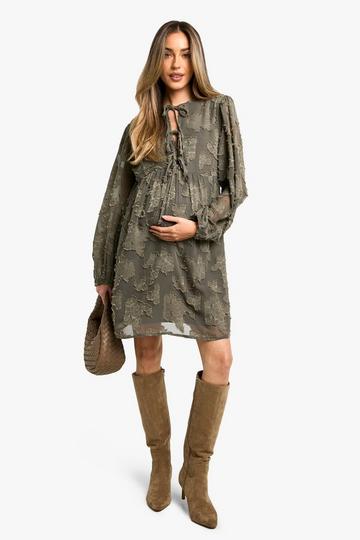 Olive Green Maternity Tie Front Burn Out Long Sleeve Smock Dress