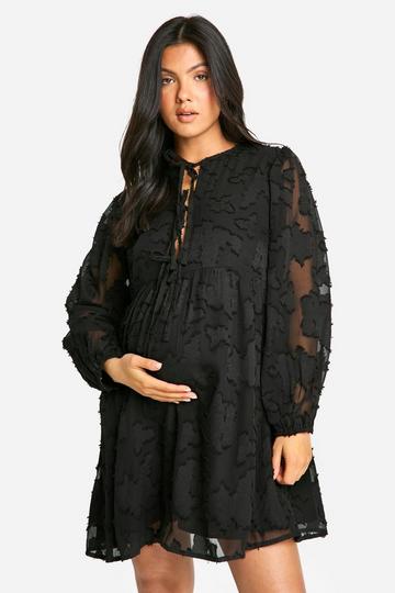 Maternity Tie Front Burn Out Long Sleeve Smock Dress black