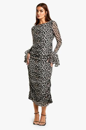 Leopard Chiffon Ruffle Midaxi Dress brown