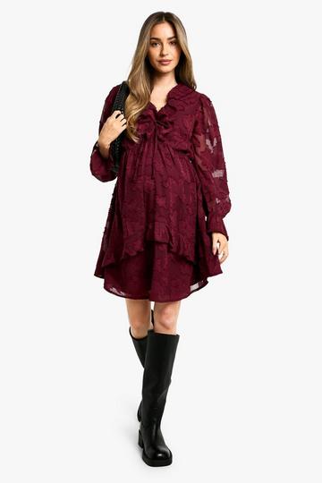 Maternity Burn Out Frill Detail Long Sleeve Mini Smock Dress merlot