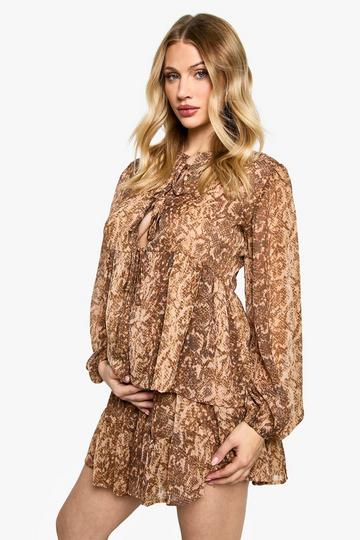 Maternity Tie Front Chiffon Snake Print Long Sleeve Smock Top brown