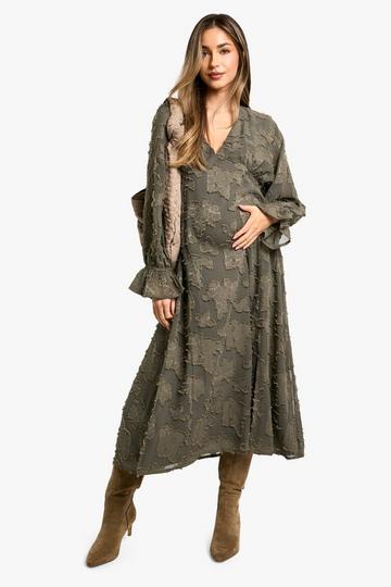 Maternity Burn Out Long Sleeve Floaty Midaxi Dress dark olive