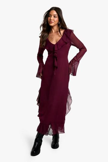 Crinkle Chiffon Ruffle Midaxi Dress merlot