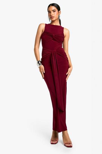 Burgundy Red Ruched Twist Detail Racer Neck Maxi Dress