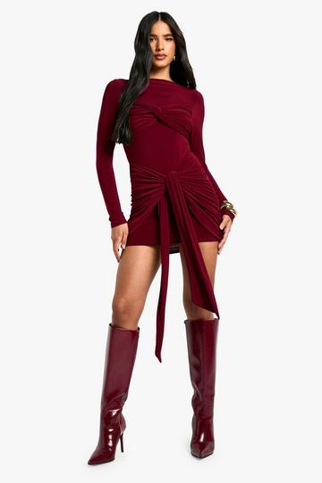 Burgundy Red Ruched Twist Detail Mini Dress