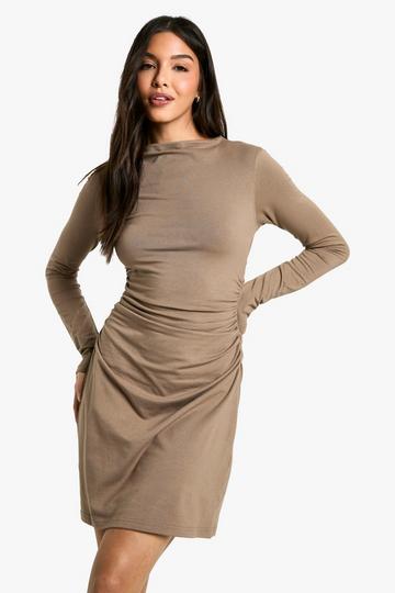 Ruched Side Long Sleeve T-shirt Mini Dress taupe