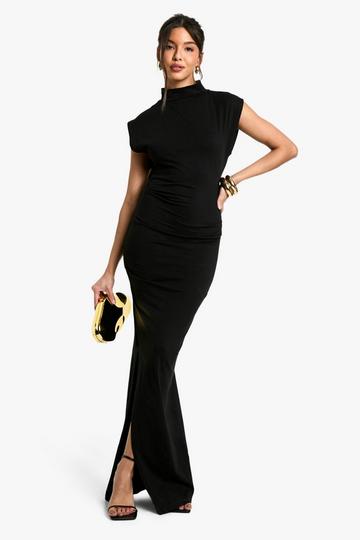 Ruched High Neck Midaxi Dress black