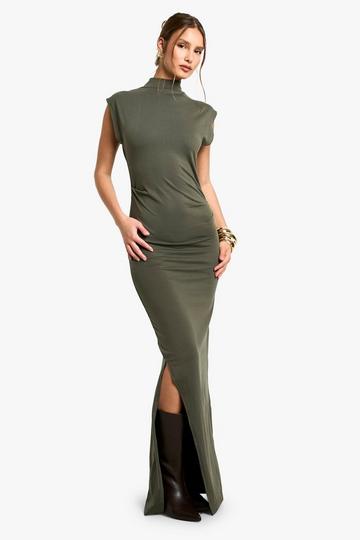 Ruched High Neck Midaxi Dress dark olive