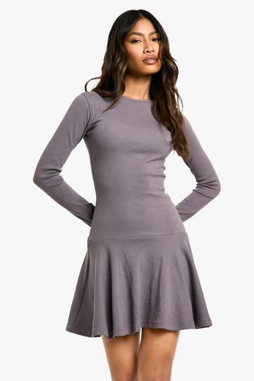 Grey Rib Dropped Hem Skater Dress