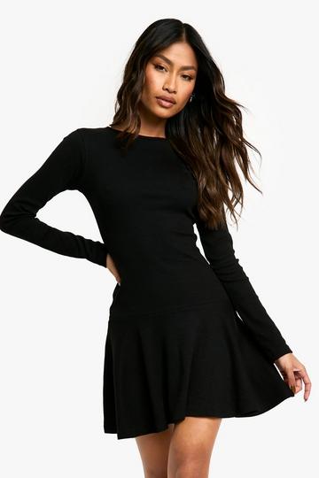 Rib Dropped Hem Skater Dress black