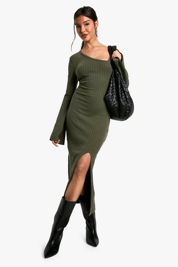 Wide Rib Asymmetric Neck Midaxi Dress dark olive