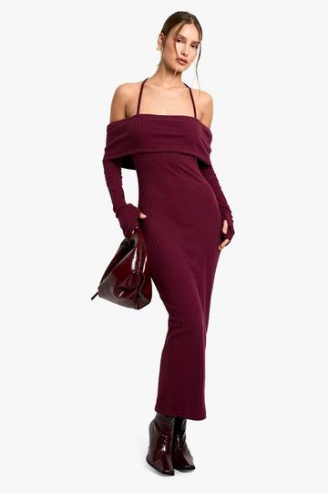 Wide Rib Bardot Tie Midaxi Dress merlot