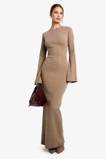 Wide Rib Tie Back Flare Sleeve Maxi Dress taupe