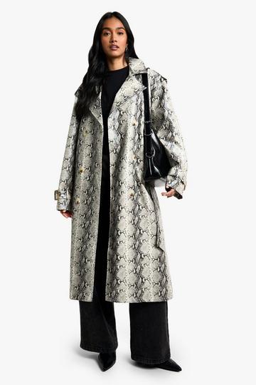 Grey Snake Print Faux Leather Maxi Trench Coat