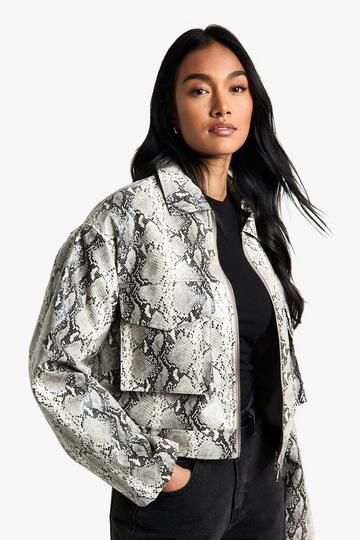 Snake Print Faux Leather Jacket grey