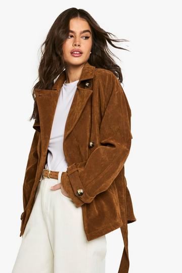 Suede Look Short Belted Trench Coat brown