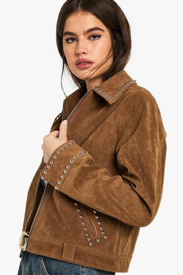 Suede Look Studded Jacket tan