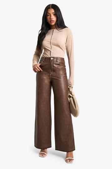 Vintage Look Wide Leg Faux Leather Trouser brown