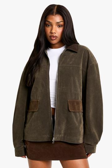 Suede Look Contrast Collar Barn Jacket khaki