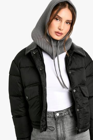 Faux Leather Contrast Collar Puffer Jacket black