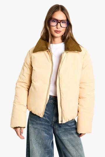 Cord Contrast Collar Puffer Jacket stone