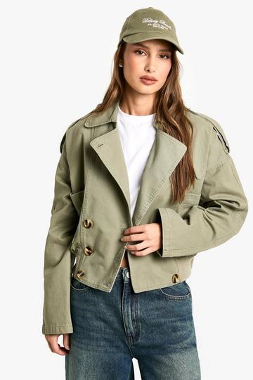 Khaki Rib Detail Short Trench Coat